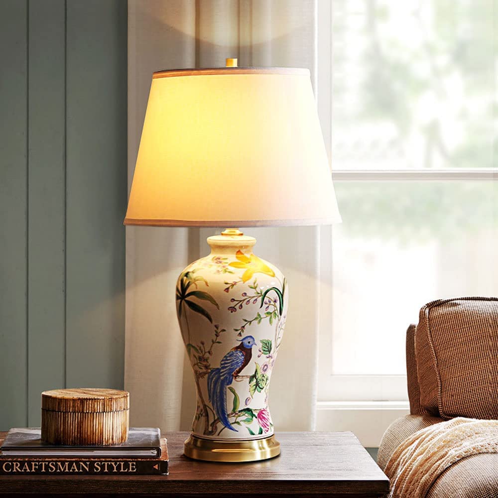 Lampa dekoracyjna Lampka nocna Ceramiczna Metalowa Lampa Stołowa Ręcznie Malowana Kwiat Ptak Lampka Do Czytania Wystrój Lampka Nocna Sypialnia Salon Oświetlana dekoracja (Size : Remote control switch