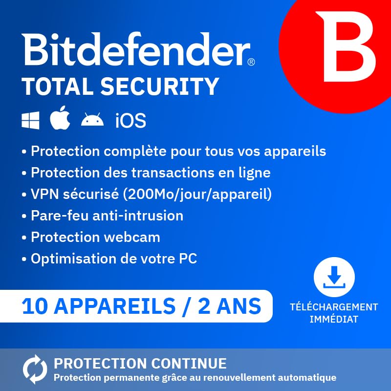 Bitdefender Total Security| 10 Appareils | 2 Ans | PC/Mac/iOS/Android | Code d’activation par email | Renouvellement Automatique