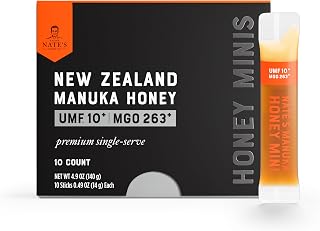 Nate's Manuka Honey Minis - 10 count Single-serve, Pure Manuka Honey - MGO 263+ | UMF Certified 10+ - 10 Single-Serve Packets for On-the-Go Daily Wellness