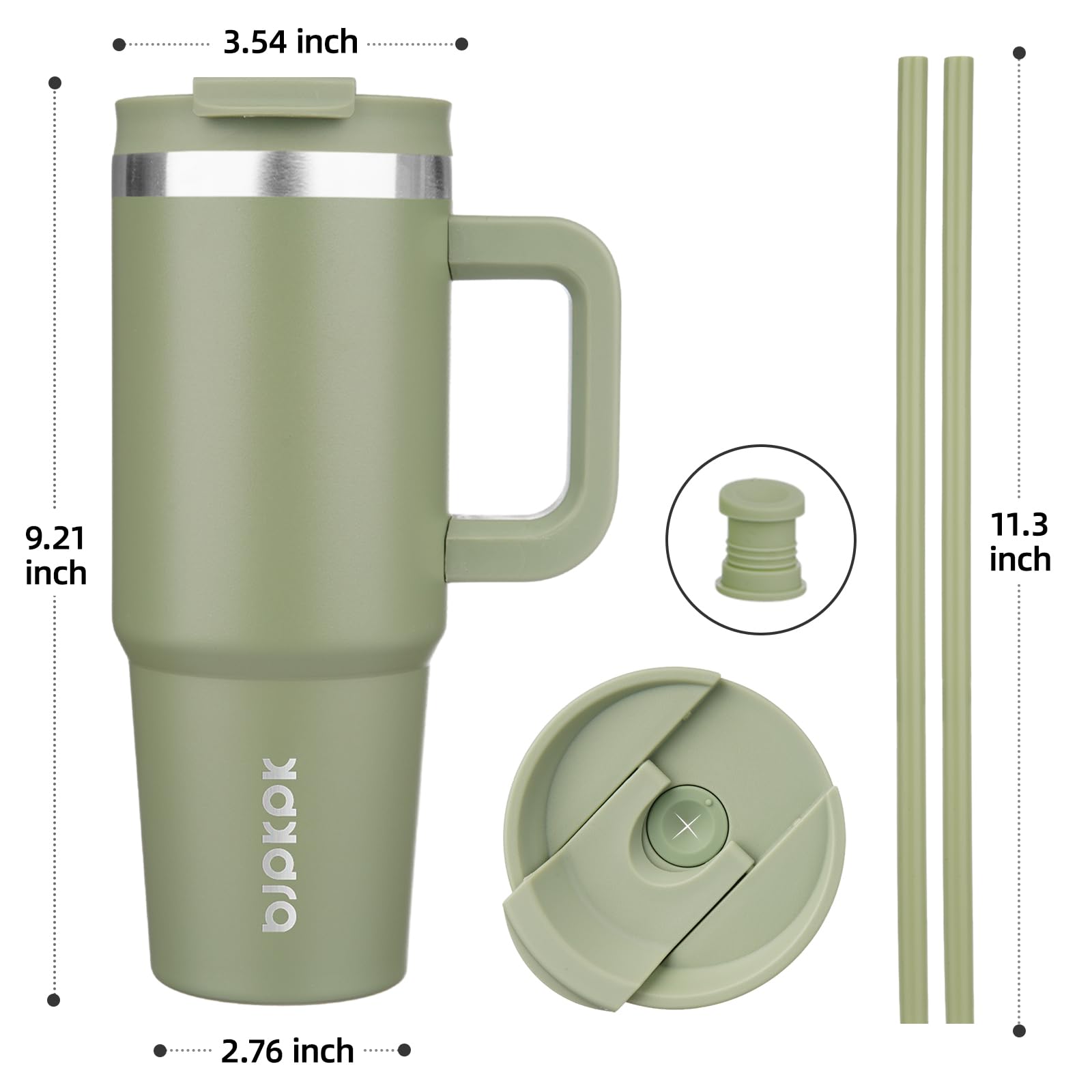 BJPKPK Taza de acero inoxidable de 30 oz con mango con 2 pajitas, taza de café de viaje con tapa, salvia