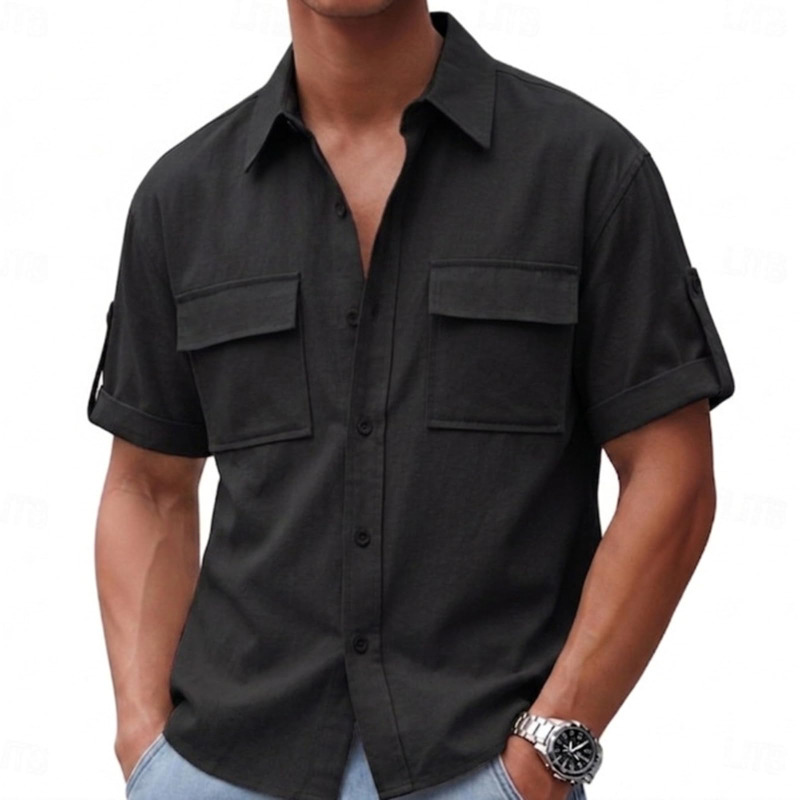 Camicia Maniche Corte Uomo, Camicia Manica Corta Uomo Camicia Cargo Elasticizzata A ManichCortAttività All'Aperto Colletto Buttondown Campeggio Viaggi Prestazioni Praticità Avventura Leggera