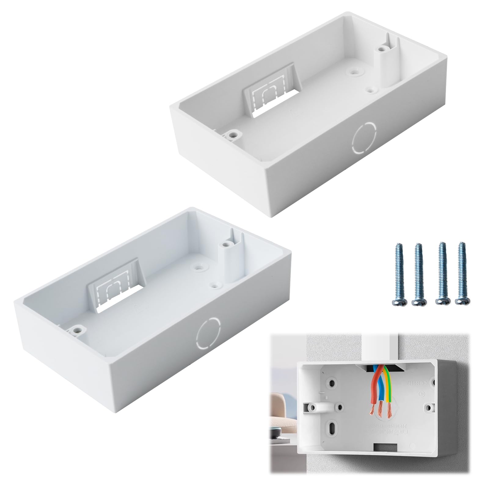 2 Gang Surface Mount Back Box Pattress White 2Pcs, White Pattress Box Durable Electrical & Network Faceplate Mounting Solution