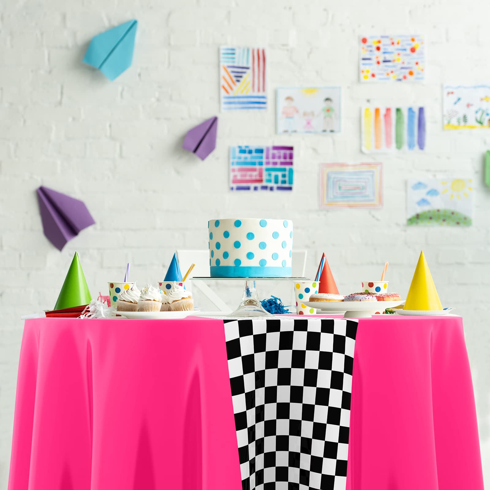 Racing Party Tablecloths (6-Pack) – Blue Checkered Flag Design, 84" Round Disposable Plastic - View #2