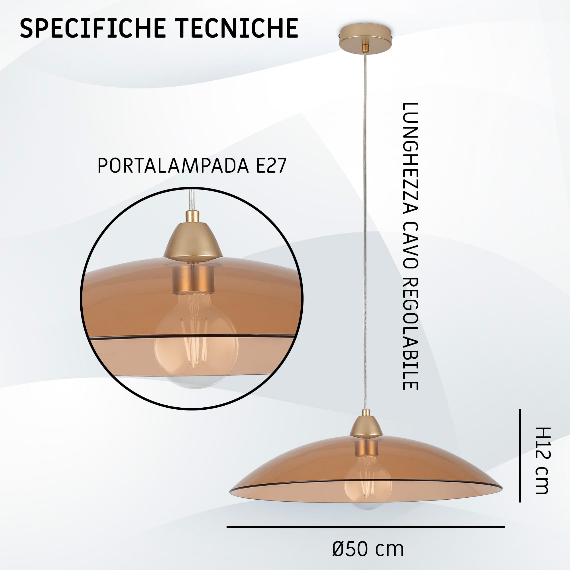 LEOLUX Alexander – Lampadario a Sospensione Moderno Ø50 cm – Design Minimal in Vetro – Attacco E27 LED – Ambra – Lampada da Soffitto per Cucina, Soggiorno e Tavolo da Pranzo