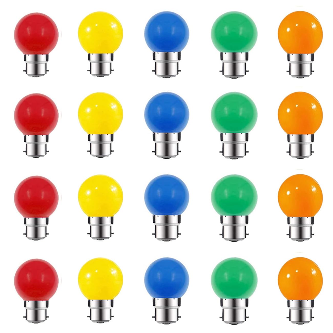 ZFQ B22 Bayonet Colored LED Light Bulbs 2W G45 Golf Ball Mini Globe Bulbs for Outdoor String Patio Garden Party Christmas, Halloween Wedding Party Decoration, 20 Packs, Red Yellow Blue Green Orange