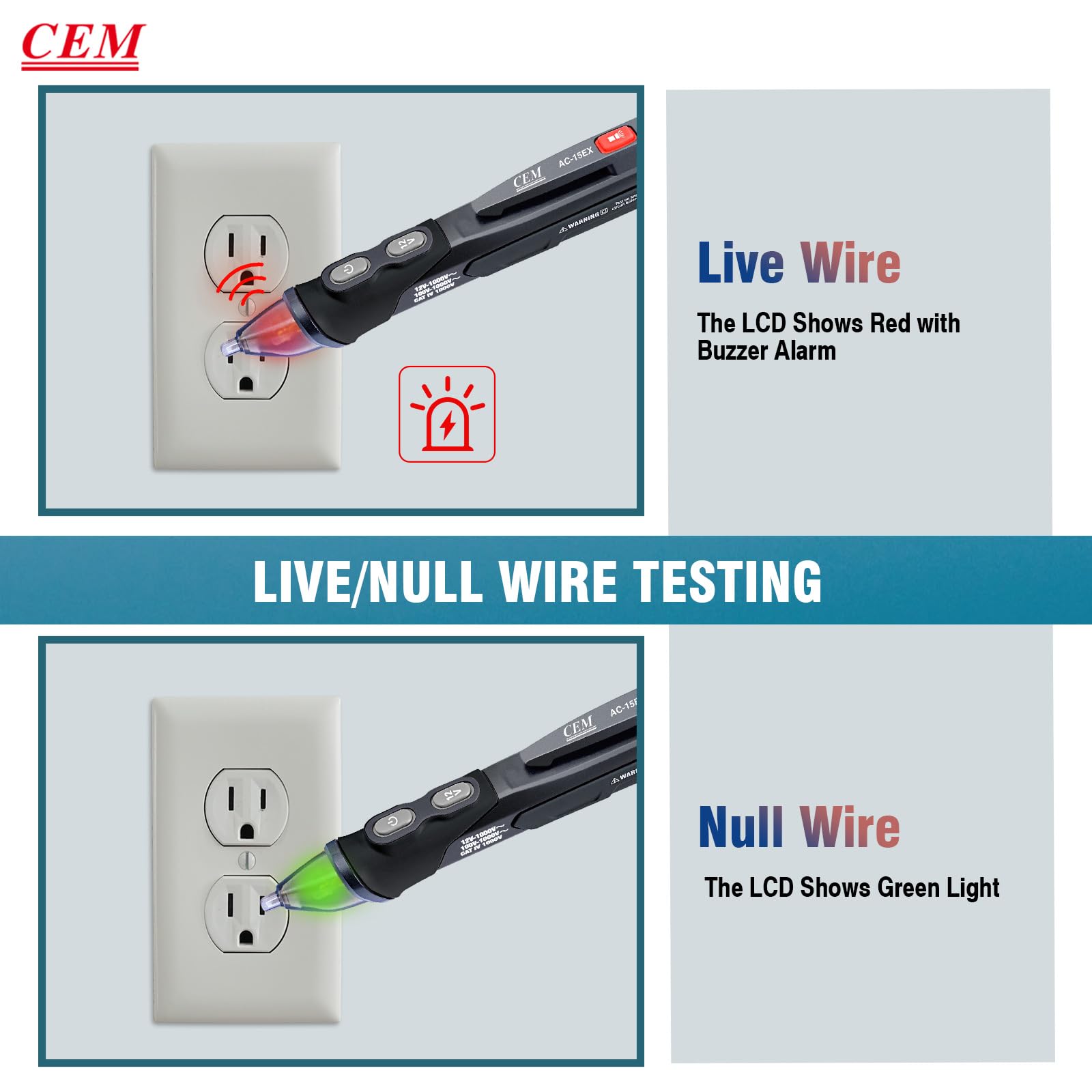 CEM AC-15EX Voltage Tester,Non-Contact Volt Tester, with Dual Range AC 12V-1000V/100V-1000V, Live/Null Wire Tester, Buzzer Alarm, Wire Breakpoint Finder, Flashlight, Ex ib IIB T4 (ATEX) — Amazon image 6