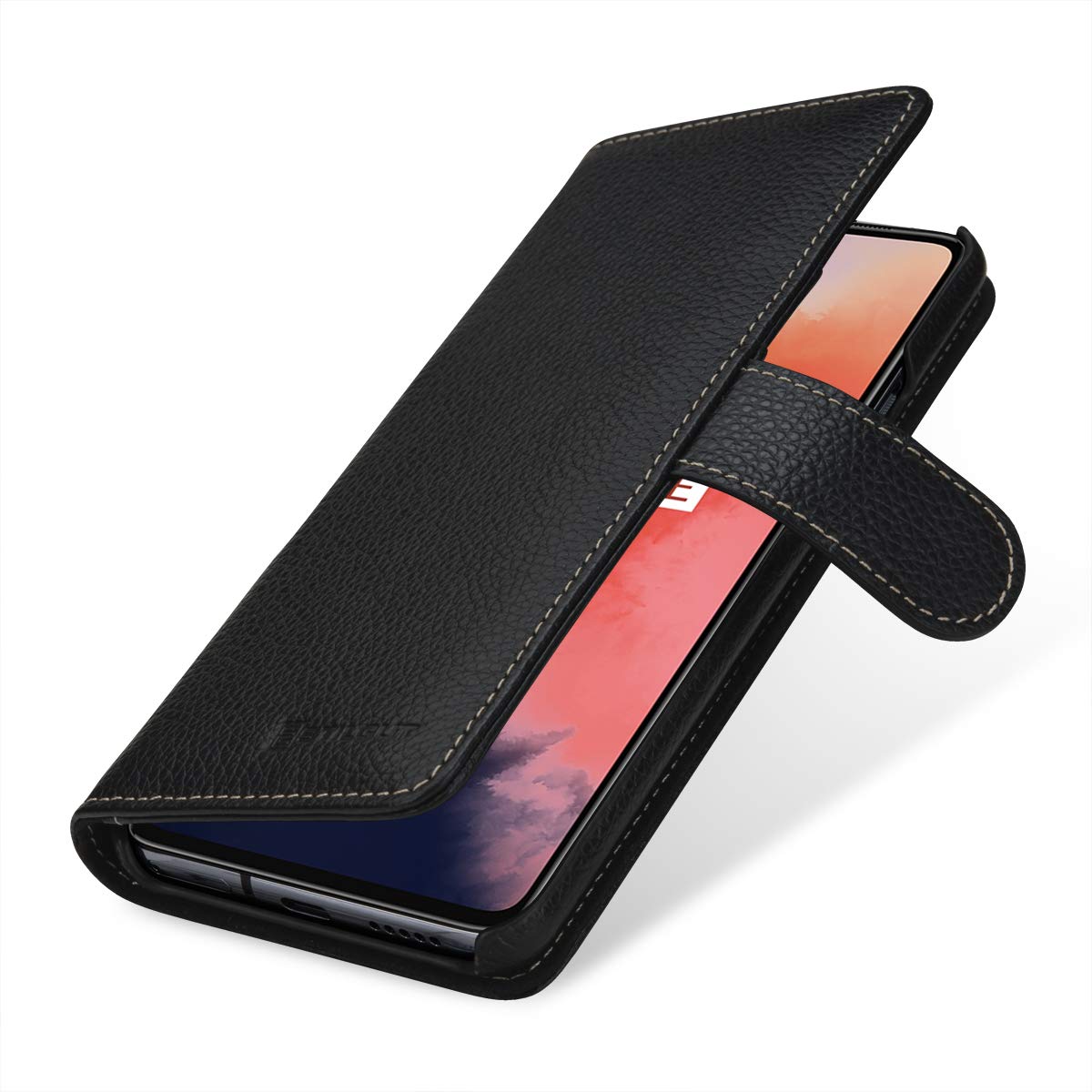 Suncase Custodia In Vera Pelle Per OnePlus 7T, Realizzata A Mano, Slim Con Linguetta E Chiusura Magnetica, Colore Caffè Antico