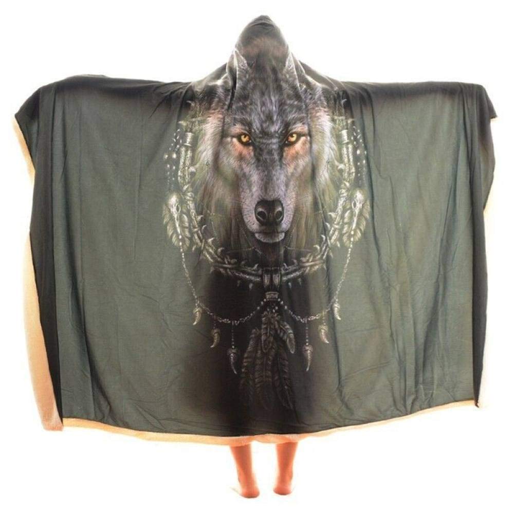 Couverture plaid à capuche loup imprimé sherpa épais 150x200 cm pour adulte et enfant