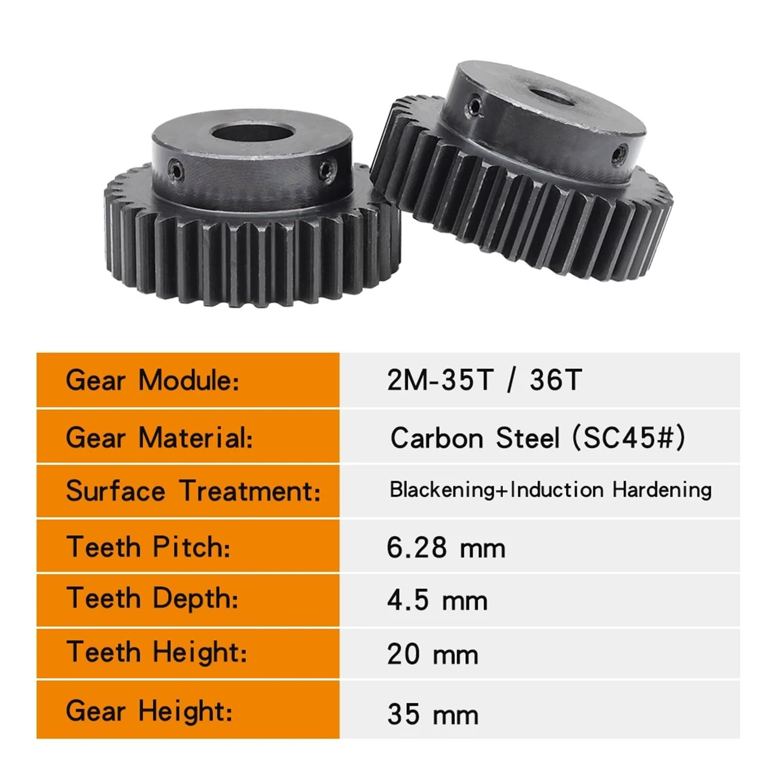 Ingranaggio elicoidale industriale Ingranaggio cilindrico 2M-35T/36T Foro 10/12/14/15/19/20/25mm Ruota dentata Annerimento Denti in acciaio al carbonio Altezza 20mm Altezza ingranaggio 35mm(2M35T - Bo