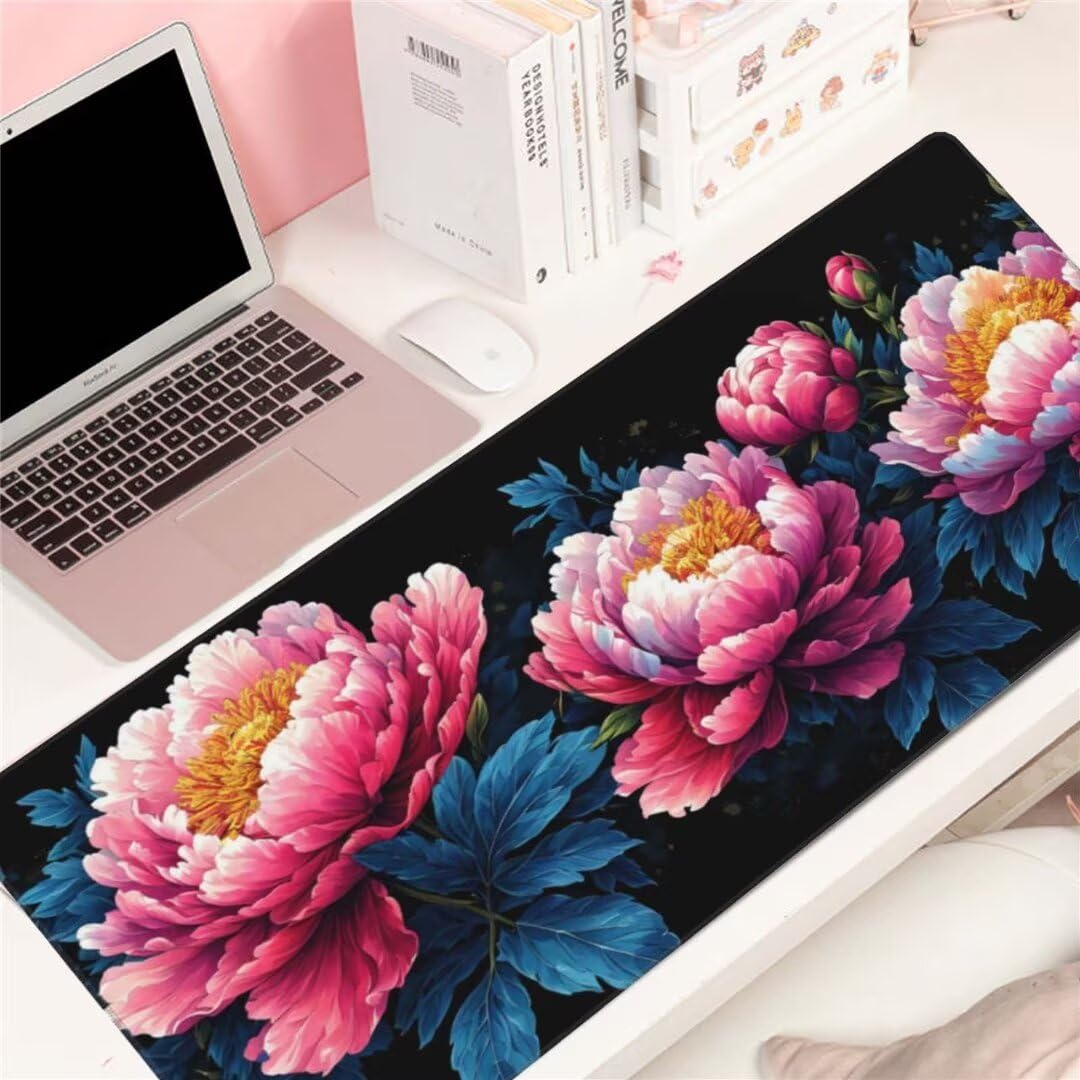Alfombrilla de ratón 1400x600x3 MM, Alfombrilla Ratón XXL Extendida de Gran Tamaño con Bordes Cosidos, Base de Goma Antideslizante Almohadilla para Teclado, Peonía de Color S-1157