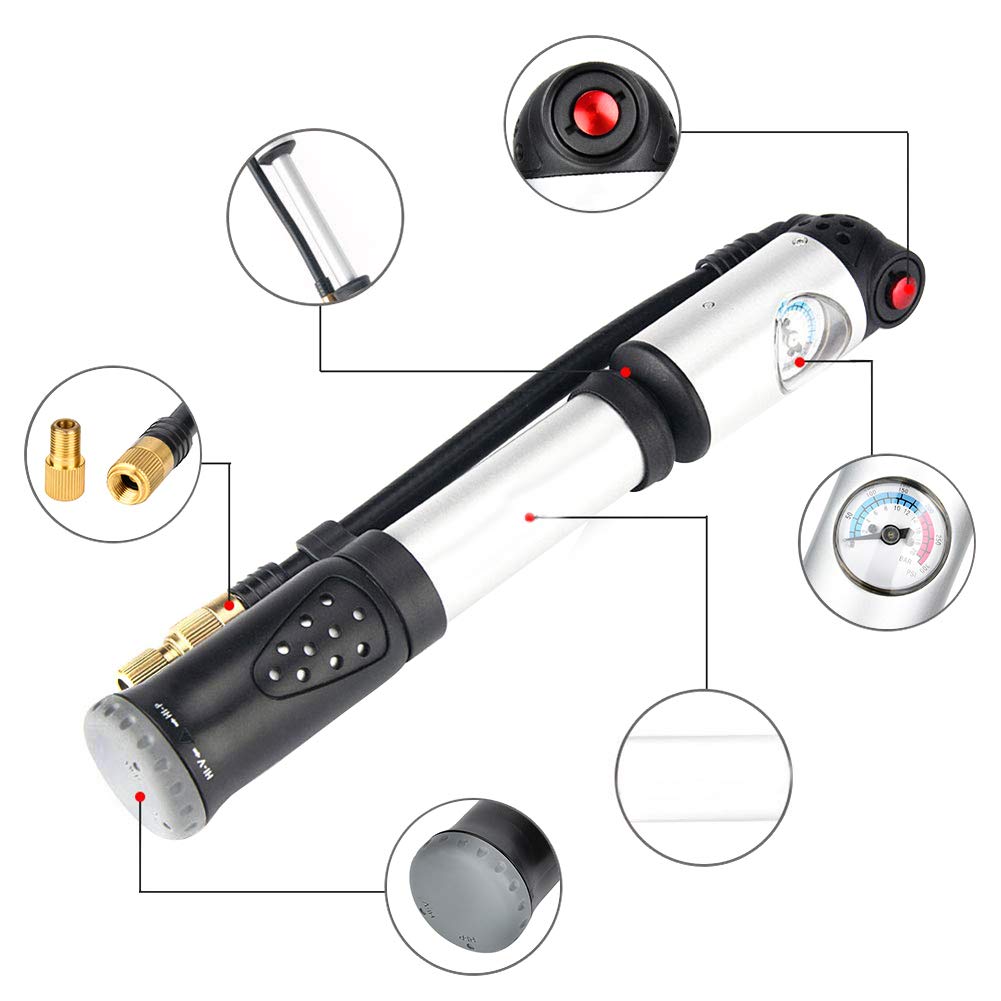 Pompe per Bici Portatili, Pompa per Bici da Strada Ad Alta Pressione con Accessorio per Gonfiaggio Pneumatici con Manometro