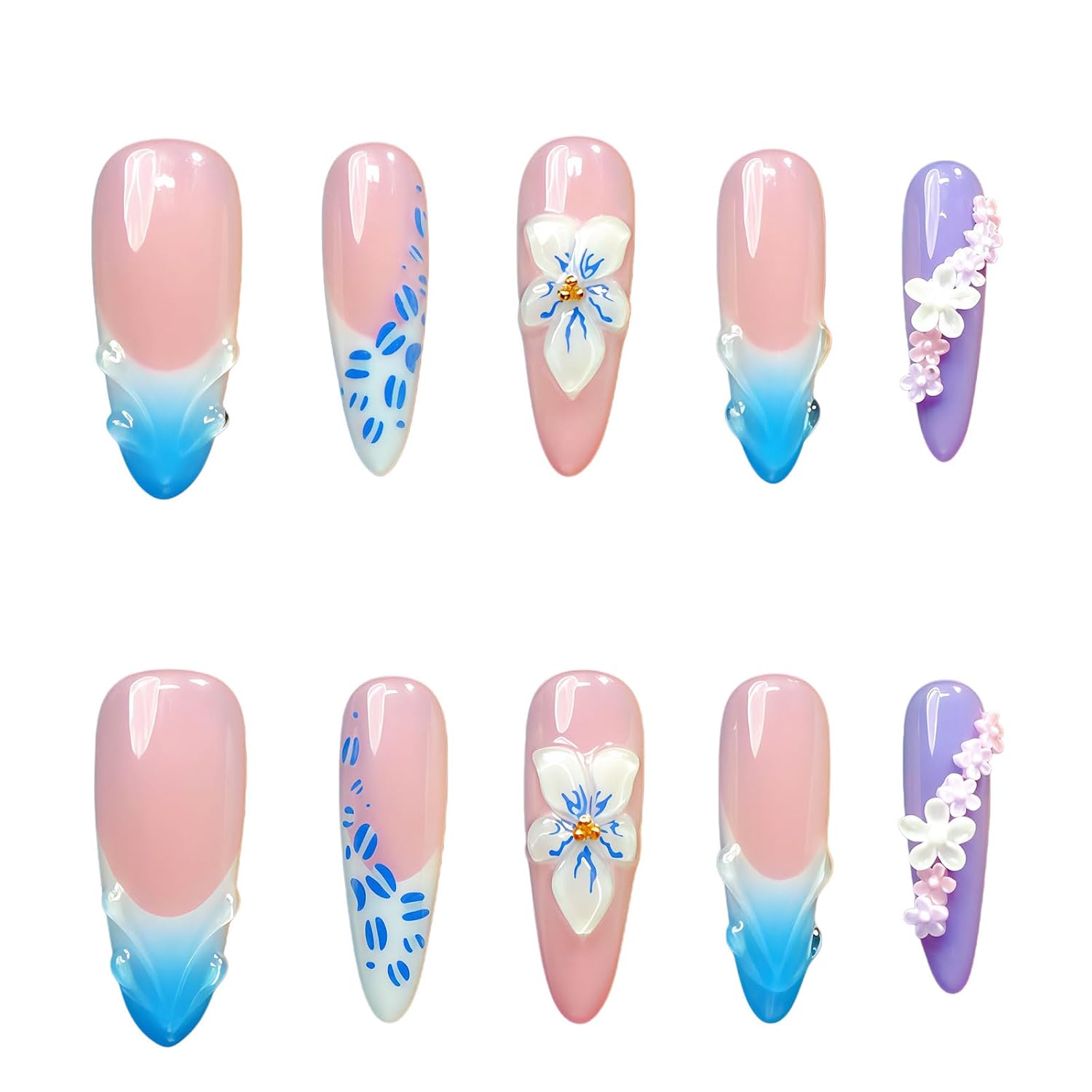 10 Pcs Handmade Press on Nails, 3D Embossed Floral & Blue Pink Gradient Luxury Fake Nails, Hand-Painted Artisan Gel Nails, Reusable Almond Nails Kit with Jelly Glue & Tools (ZHHC, S)