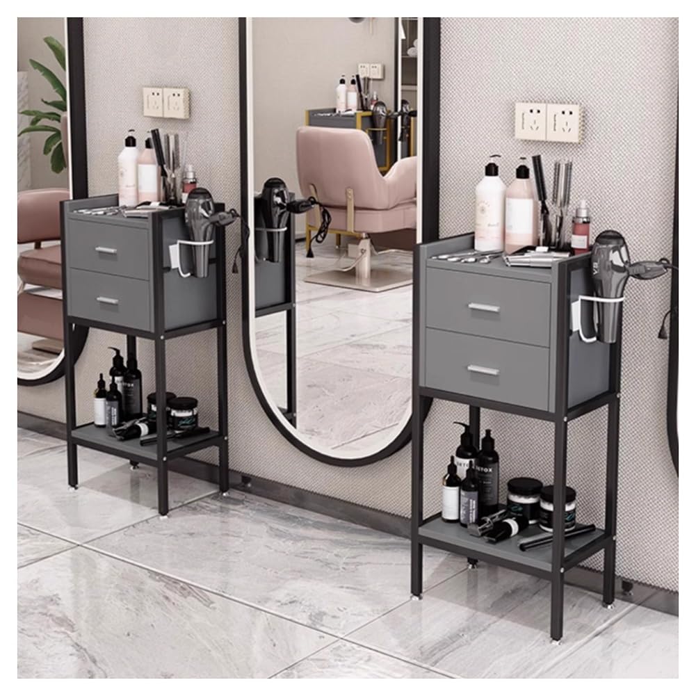 Zfmnoyev Postazione per Parrucchiere con 2 Cassetti, Mobiletto per Parrucchieri con Porta Asciugacapelli, Postazione di Stoccaggio Multifunzionale per Barbiere, per Centro Estetico, Barbiere(Gray-A)