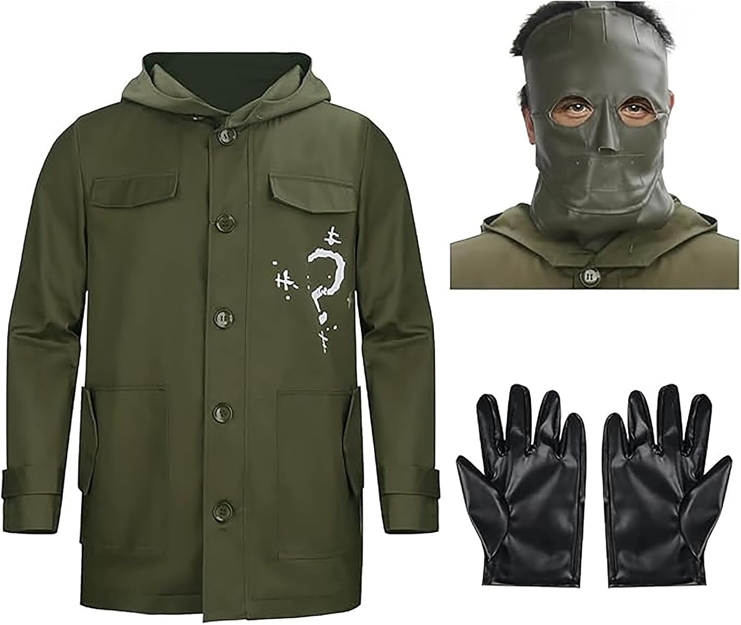 Army Green Riddler Jacket Cosplay Costume with Mask Gloves Edward Villain Question Mark Coat Halloween Cosplay Costume