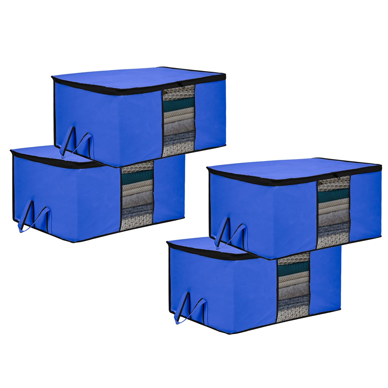 Kuber Industries Underbed Storage Bag | Clothes Storage Bag | Blanket Cover with Clear Window | Zipper Closure & Handle Cloth Organizer | Plain Black Border | Large | Pack of 4 | Blue-image-30