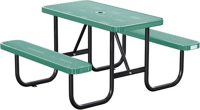 Thermoplastic Coated Metal Picnic Table Set with Umbrella Hole, Commercial Steel Heavy Duty Camping Table, Dining Furniture for Garden Backyard Green, 48IN Rectangular Table-Bulit 2 Benches