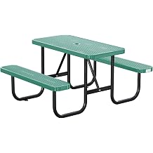 4FT/48IN Heavy Duty Outdoor Picnic Table and 2 Benches for 2-6 People, Weather Resistant Rectangular Steel Picnic Table Set with Umbrella Hole for Yard Patio Lawn Party Green