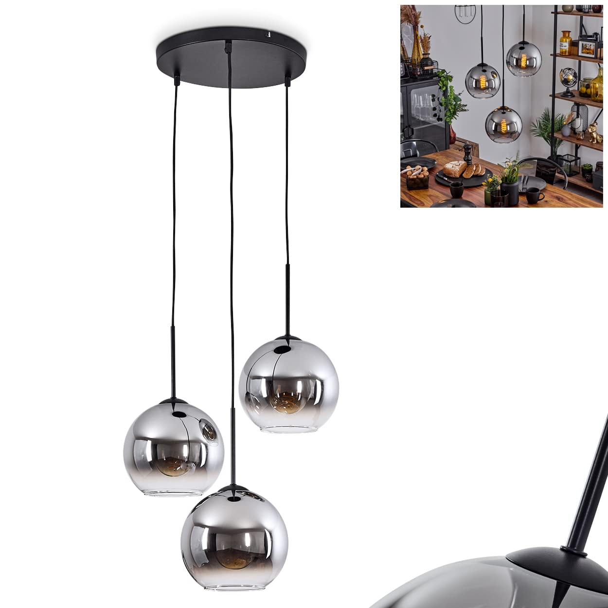 Lampe à Suspendre Koyoto, Lampe à Suspendre En Métal/verre En Noir/chrome/ Clair, Lampe à 4 Flammes Au Design Vintage/rétro Avec Abat-jour En Verre ( 15 Cm),hauteur Max. 147,5 Cm,4 X E27,sans Ampoules