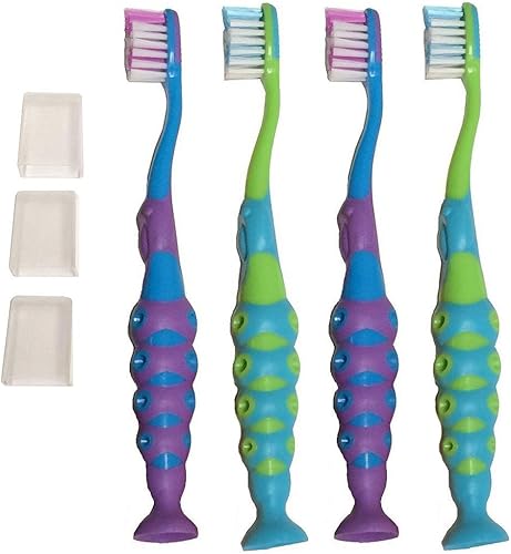 Paquete de 4 cepillos de dientes para niños pequeños, color azul, morado, verde, cerdas extrasuaves, fácil agarre, sin BPA, con base de succión y