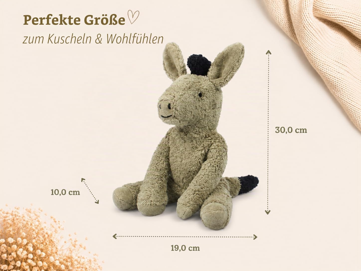 SENGER Tierpuppen Schlenker Esel, klein – Kuscheltier aus Bio-Baumwolle, handgefertigt, GOTS-Zertifiziert, weiches Stofftier für Babys und Kinder, grau