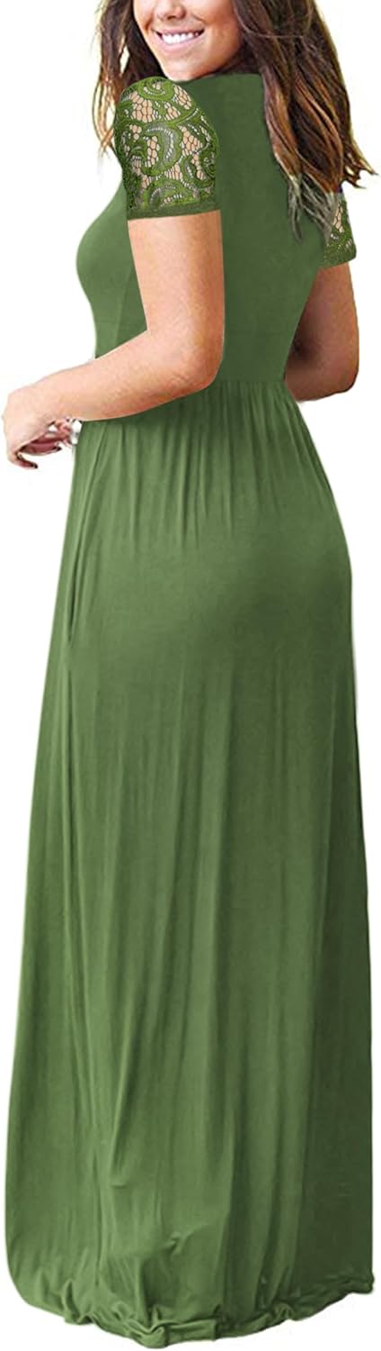 AUSELILY Maxi Dresses for Women 2026 Lace Short Sleeve V Neck Wrap Long Dress with Pockets - Image 3
