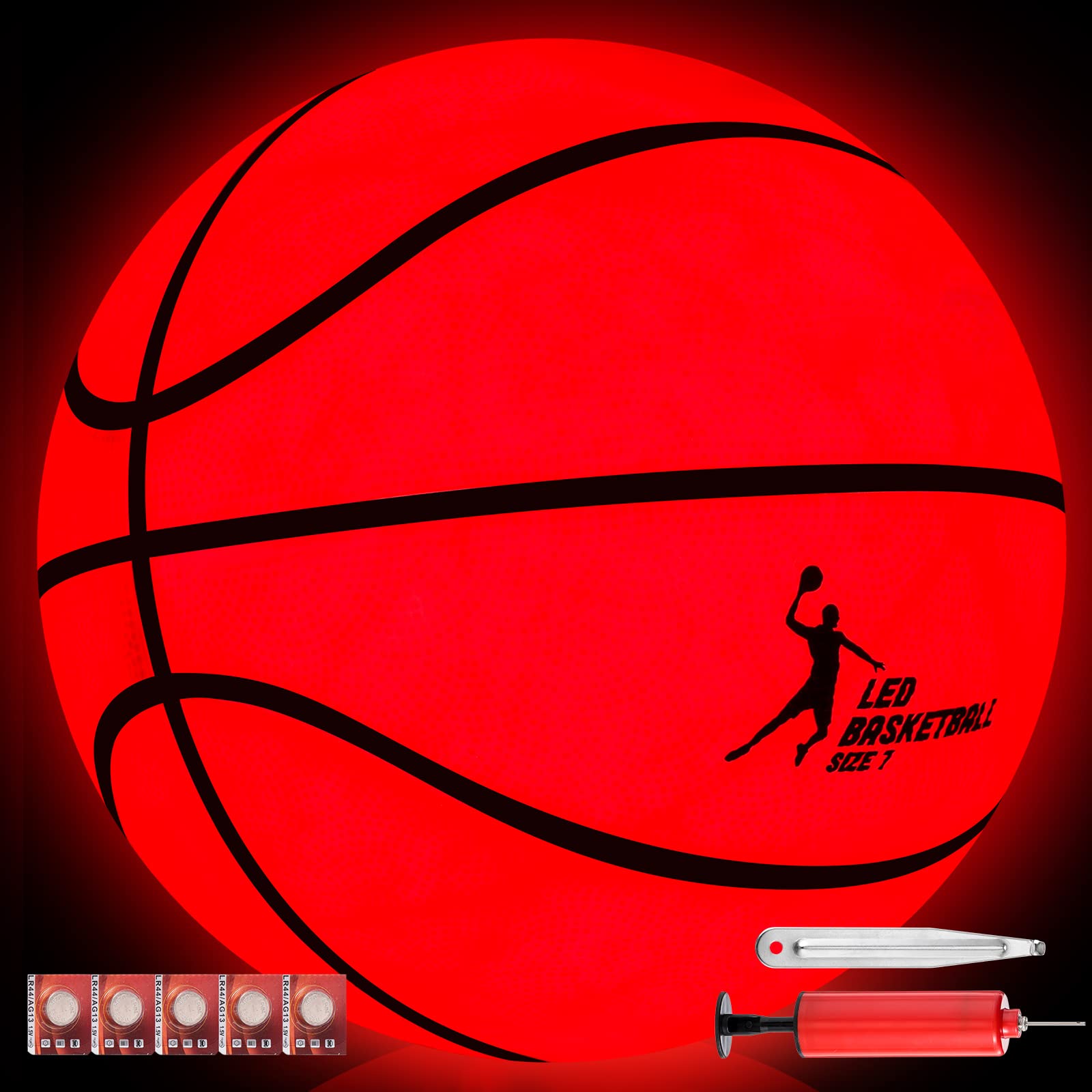 Meanplan Glow in The Dark Basketball Light up LED Basketball Official Size Glowing Night Basketball with 2 LED 11 Pieces Batteries 1 Inflator for Teen Boys Girls Indoor Outdoor Sports