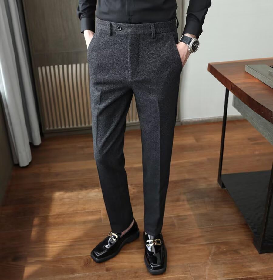 Men's Tweed Dress Pants Herringbone Vintage Wool Blend Trousers for Men Retro Classic Work Office Business Suit Pants2
