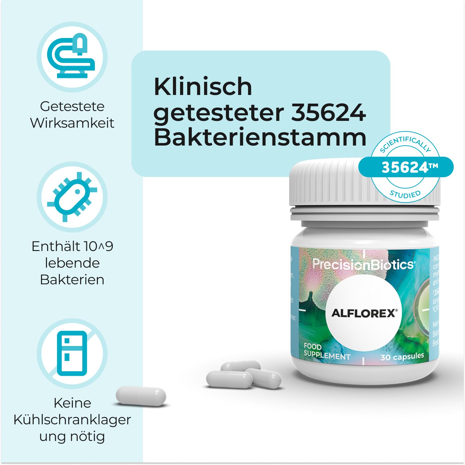 Alflorex Probiotikum für Darmgesundheit & Darmflora - Bifidobacterium longum 35624 (klinisch geprüft) + Calcium - 30 vegane Kapseln - 1x täglich - keine Kühlung nötig