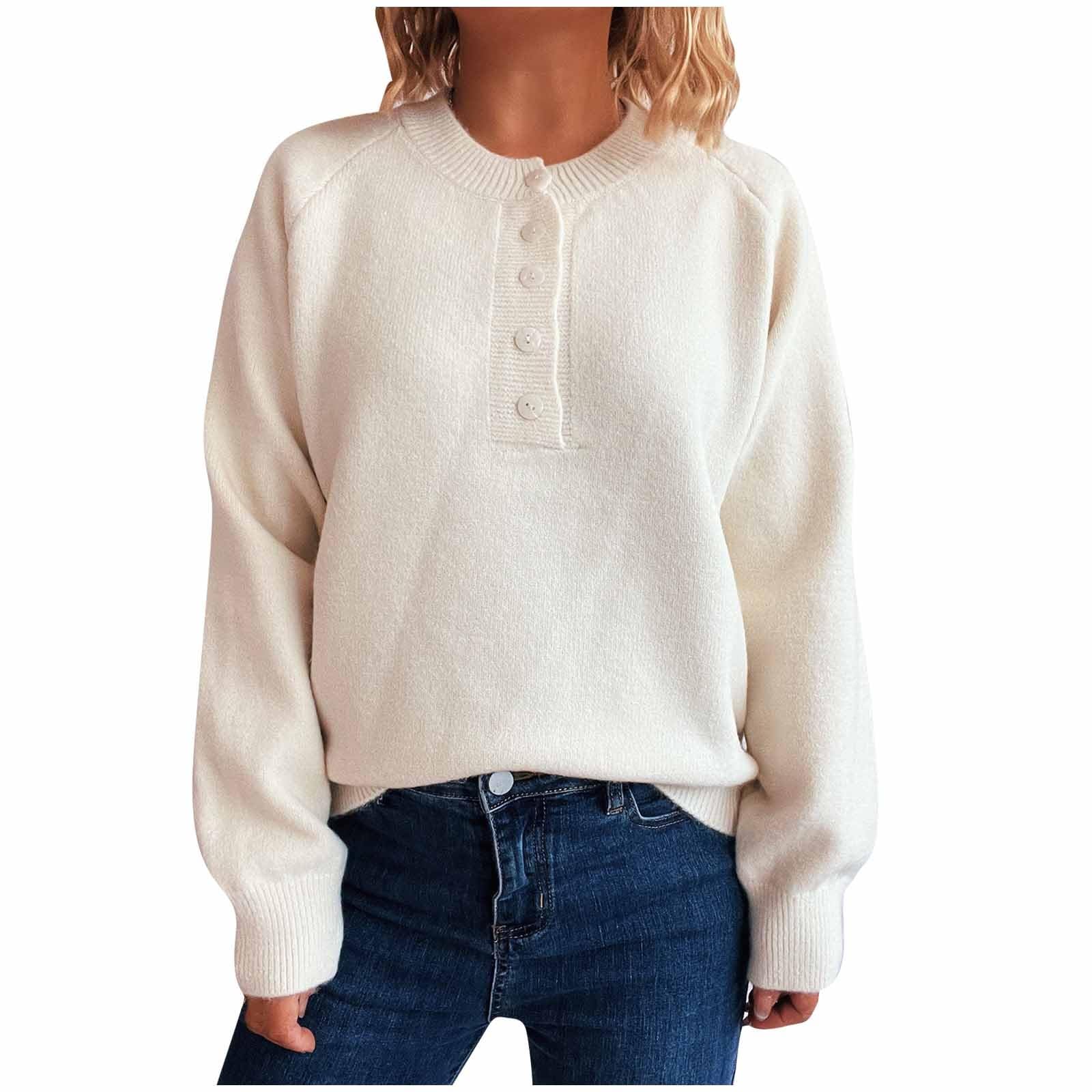 Womens Button Crew Neck Sweater Fall Long Sleeve Henley Shirts Trendy Loose Knit Pullover Tops Fashion Clothing