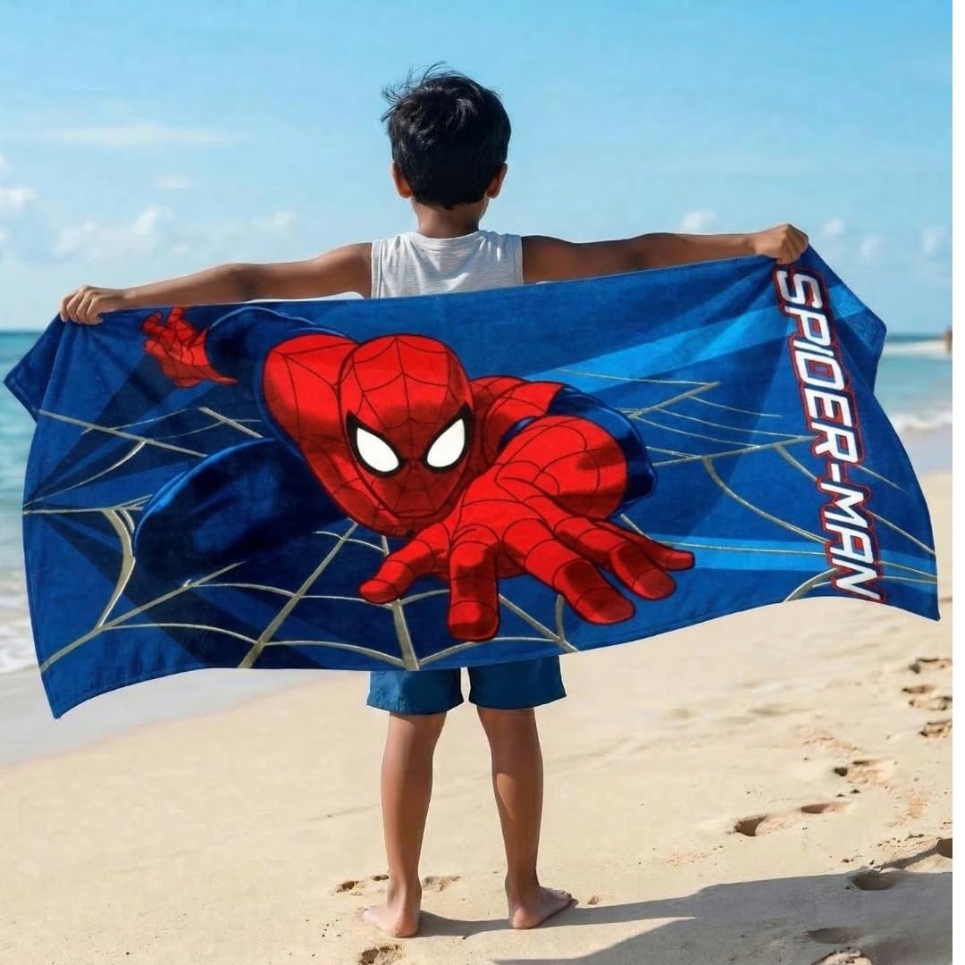 Athom Living Marvel Spider-Man Cotton Bath Towel for Kids & Adults – 350 GSM, Soft & Absorbent, Quick-Drying, Durable, Blue Superhero Design, Gentle on Skin, Machine Washable 1