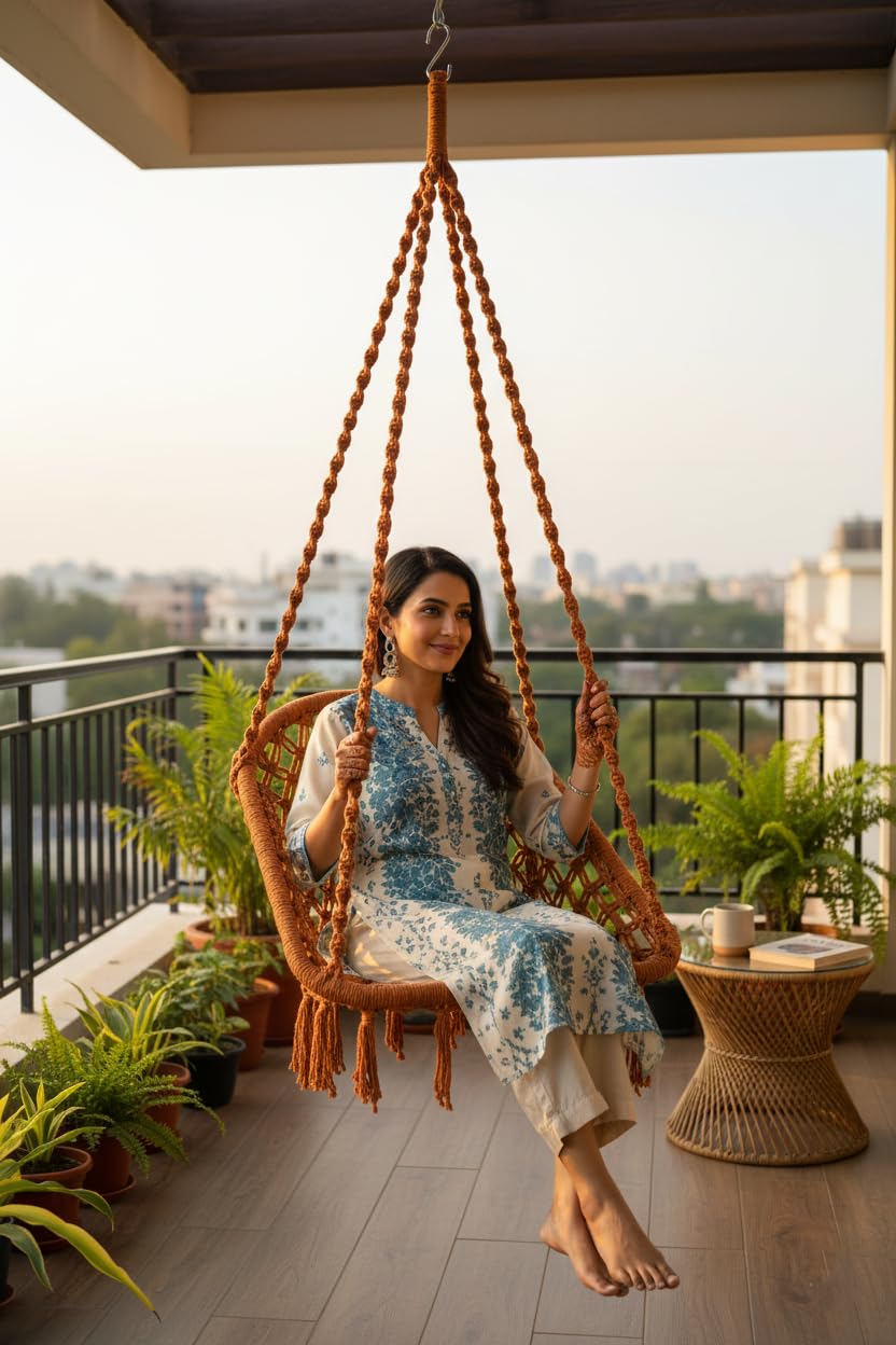 Patiofy Swing for Balcony/Swing Chair for Adults for Home/Cotton D Shape Wooden Swing/Jhula for Indoor Outdoor Garden/Includes Hanging Kit