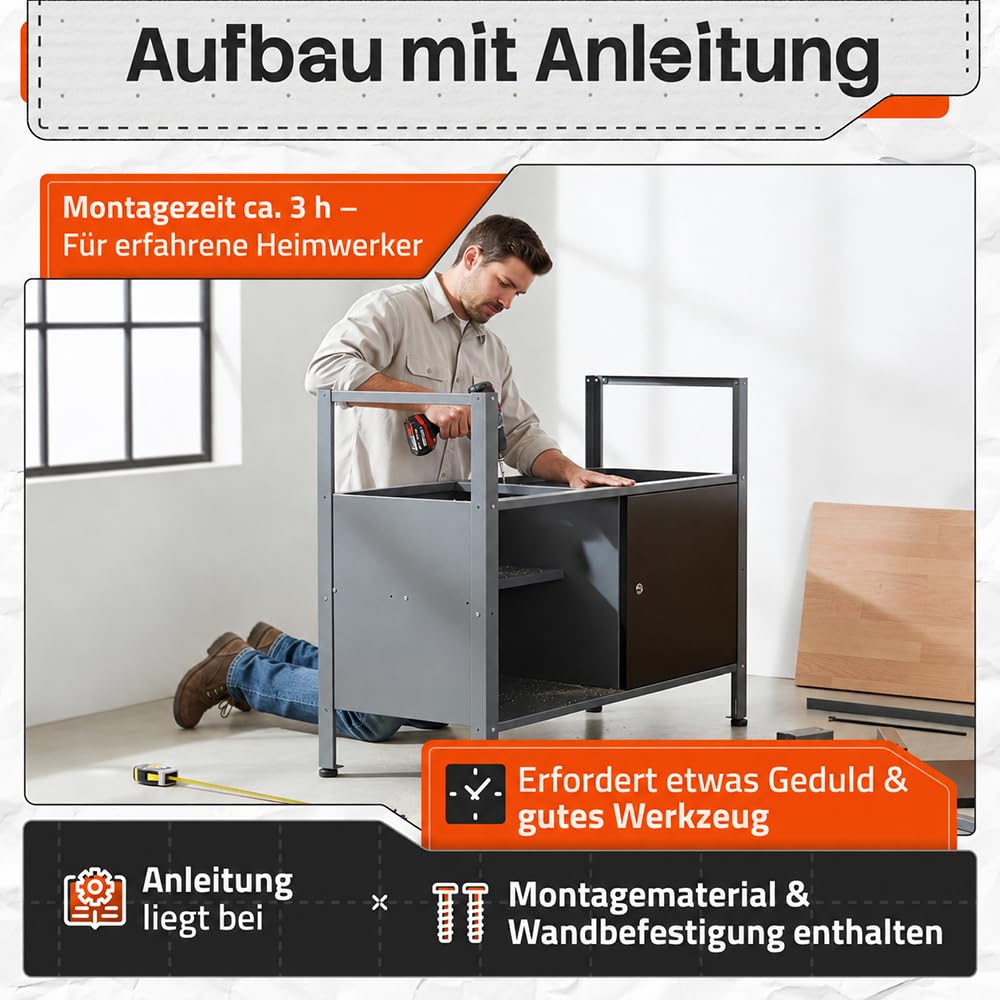 Ondis24 Werkbank Fritz - Höhenverstellbare Werkbank Mit Schubladen, Metall Anthrazit, 120x60x85cm, 28mm Dicke Buchen-Arbeitsplatte, Abschließbare Tür, Belastbar Bis 250kg - Perfekt für Werkstätten
