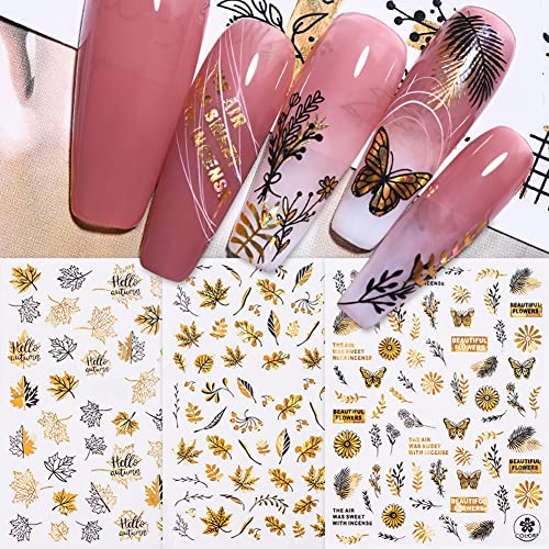 9 Sheets Luxury Gold Nail Art Stickers Decals,3D Self-Adhesive Designer Nail Decals Bronzing Metallic Maple Leaf Flower Abstract Rose Laser Glitter Nail Design For Women Manicure Diy Decorations #TOP3