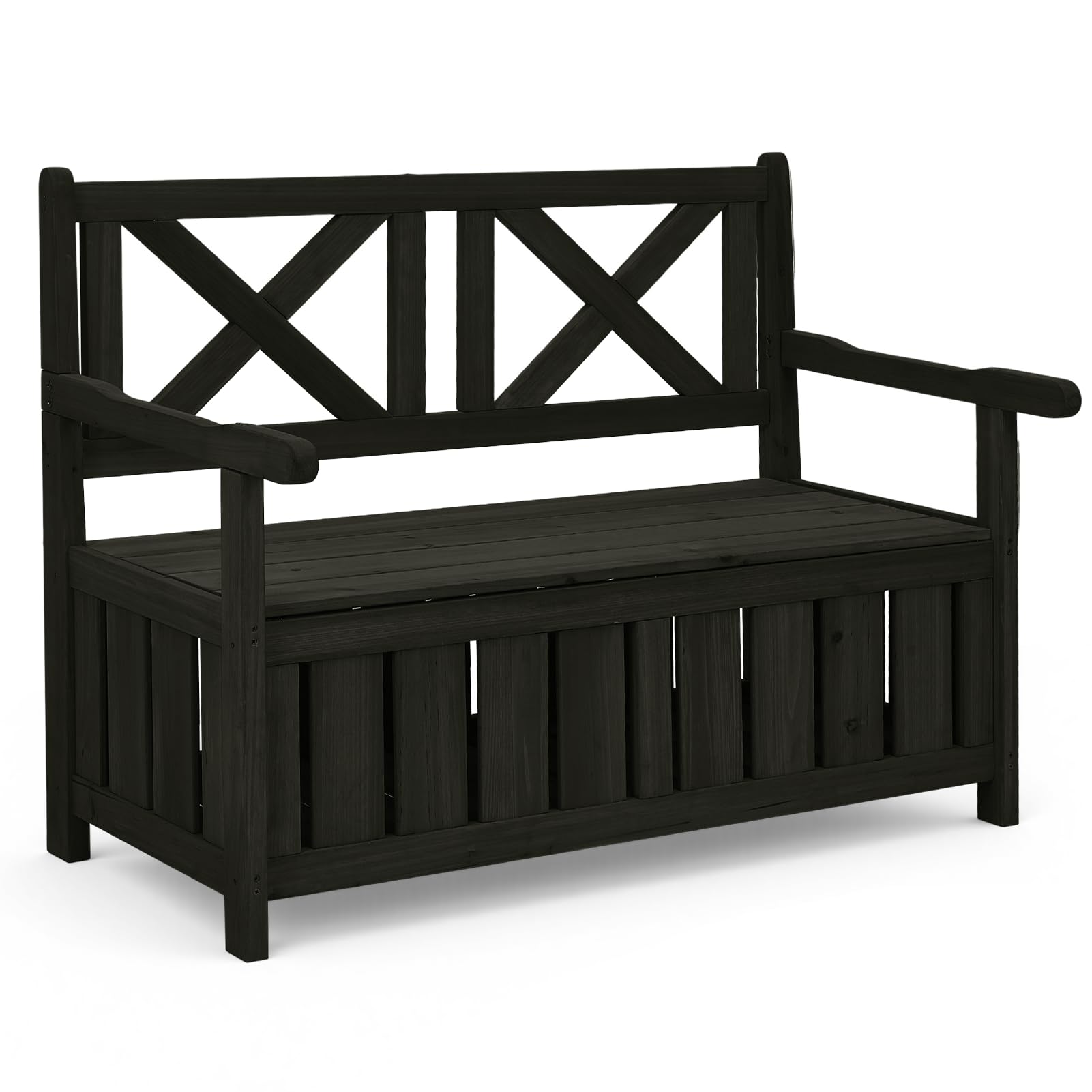 Warmiehomy Garden Storage Bench 2 Seater Garden Bench with Storage Box 125L Wooden Outdoor Benches with Backrest Armrest for Patio, Balcony, Backyard,Black