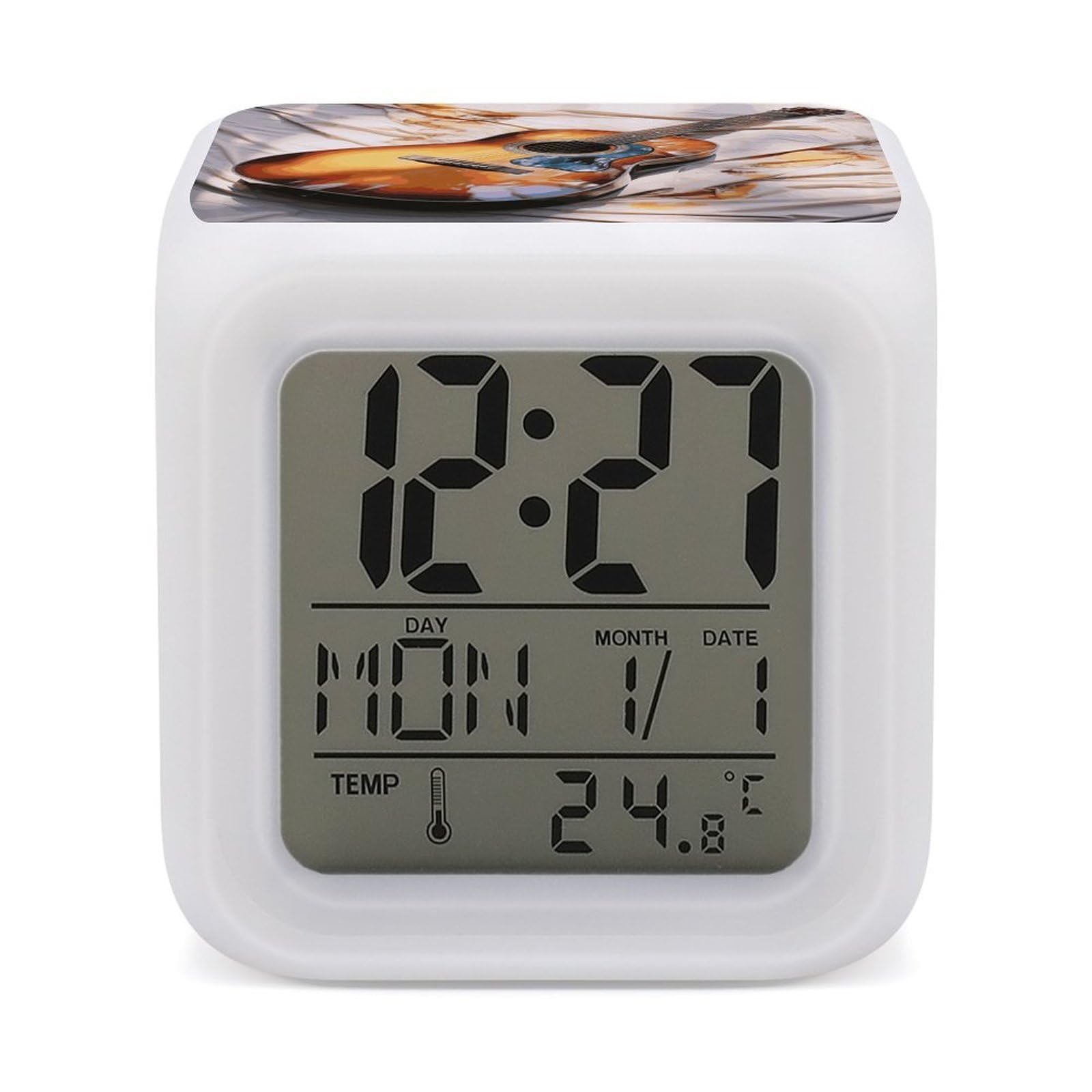 VstaDank Watercolor Acoustic Guitar Alarm Clock Alarm Clock with 7 Color Changing Digital Clocks for Bedrooms Sleep Training Clocks with Large Display for Office Kitchen Living Room