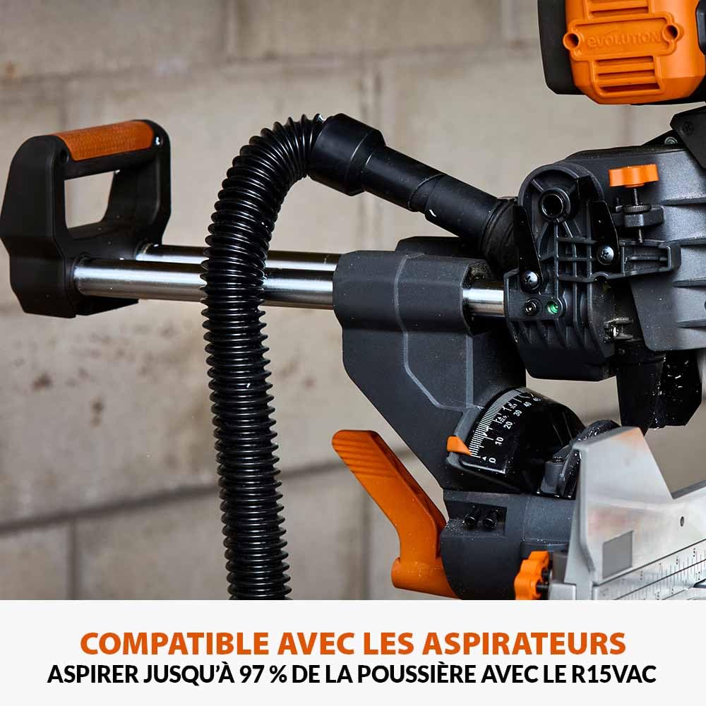 Evolution Power Tools R255SMS-DB-Li Scie à onglets coulissante sans balais à double biseau sans fil Li-Ion EXT lame multi-matériaux, coupe le bois le métal le plastique 255 mm - Batteries non incluses