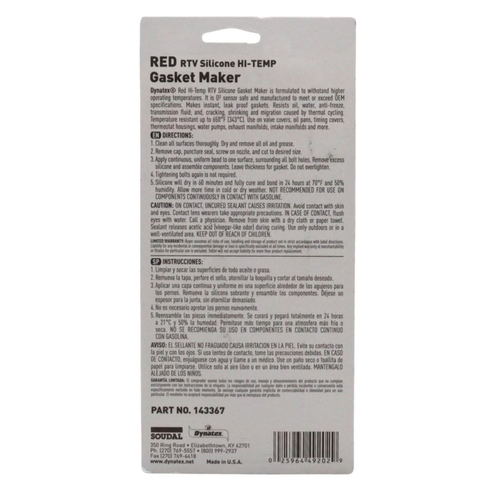Dynatex Red Hi-Temp RTV Silicone Gasket Maker 3 oz Tube - Oxygen Sensor Safe, OEM Specs, 650°F Hi-Temp, Oil/Water Resistant, Made in the USA (3-Pack)