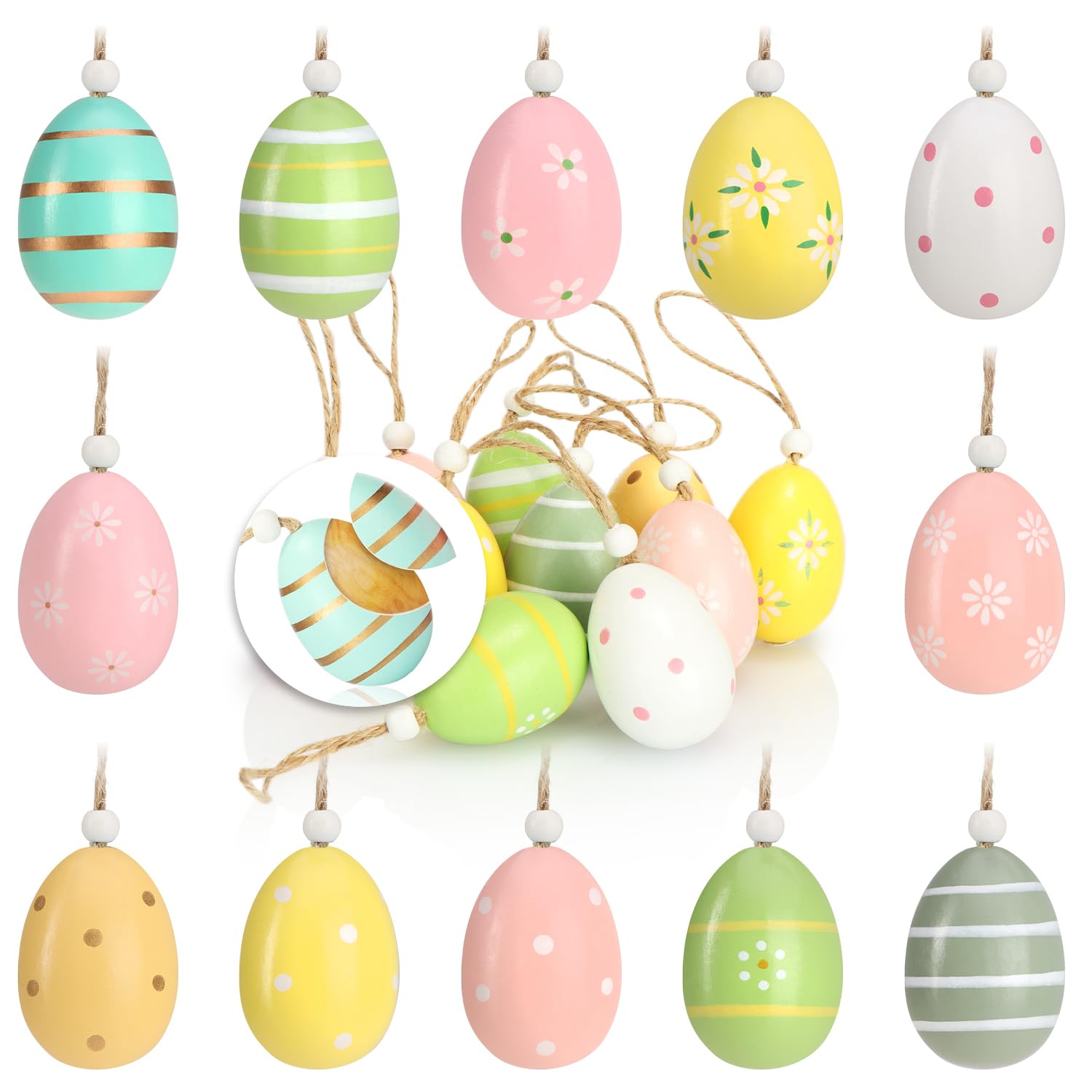 COM-FOUR® 12x Easter eggs to hang up - Easter decorations made of wood in great colors - Easter eggs with beautiful patterns