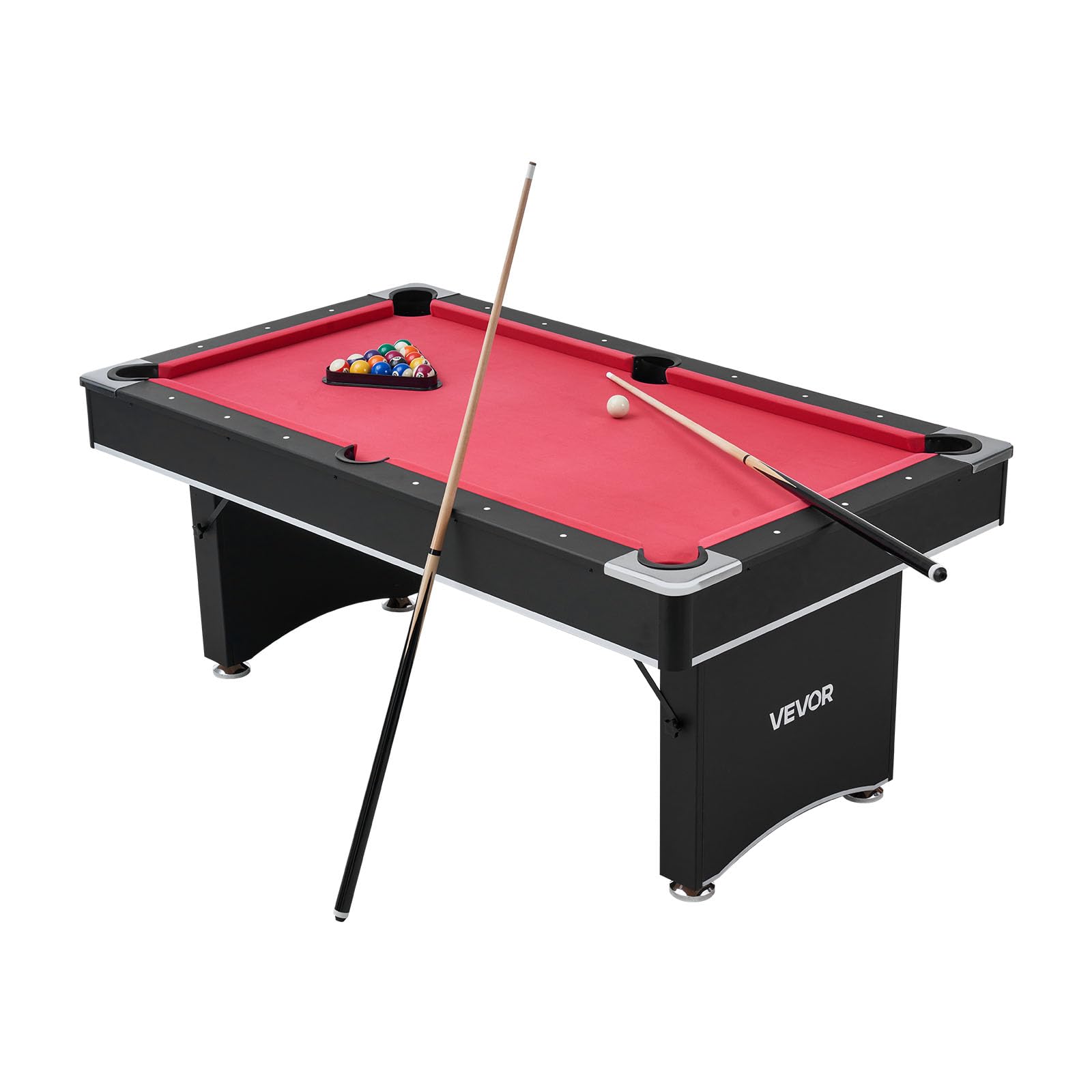 VEVOR Set Tavolo da Biliardo Pieghevole, 183 cm con Finitura in Legno, Portatile Tavolo da Gioco con Piedini Regolabili, Set Completo con Palline, Stecche, Rastrelliera, Gesso, Nero con Panno Rosso
