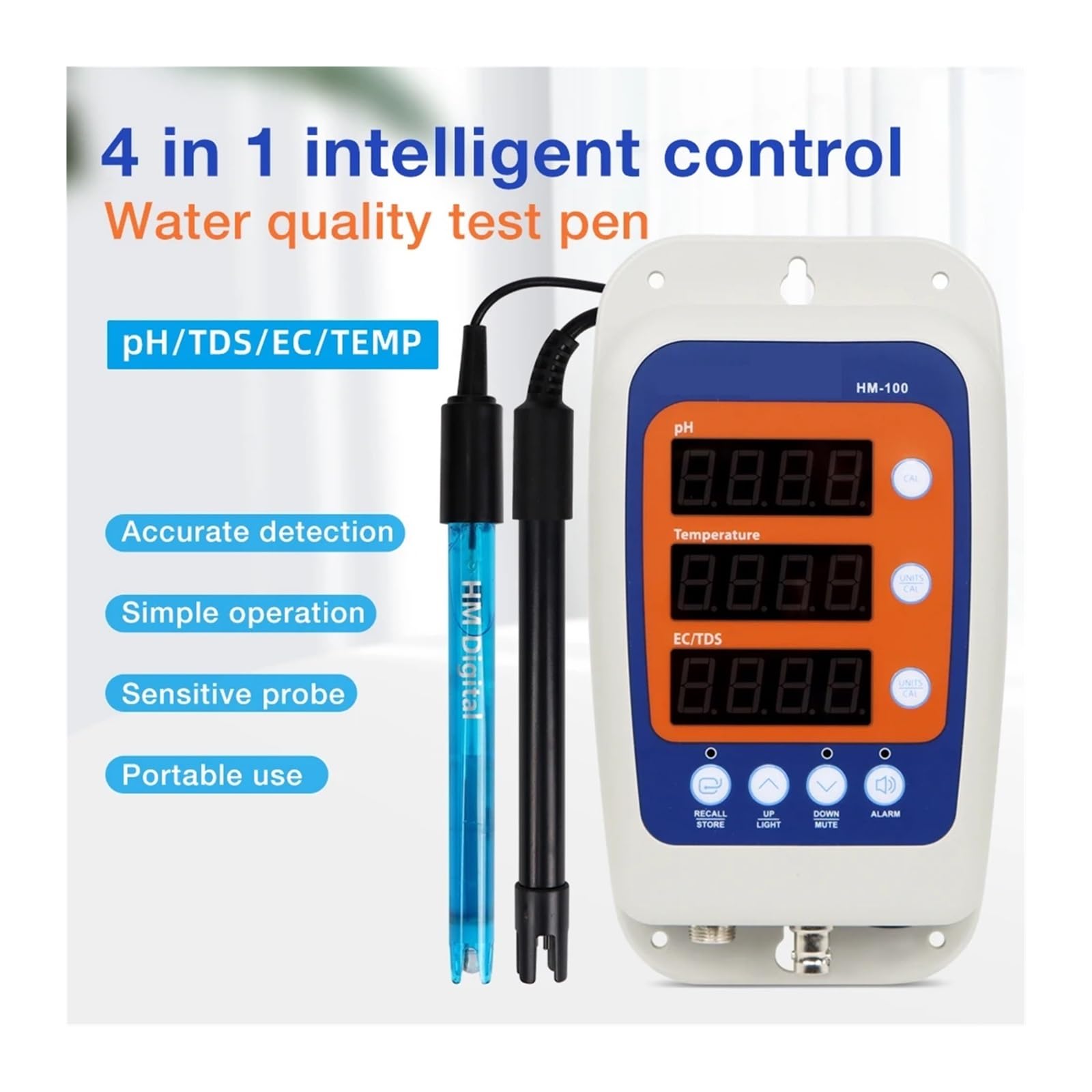 Testeur de qualité de l'eau 4 en 1, pH, température, EC, ORP, conductivité, détection hydroponique avec sonde à 2 électrodes -100