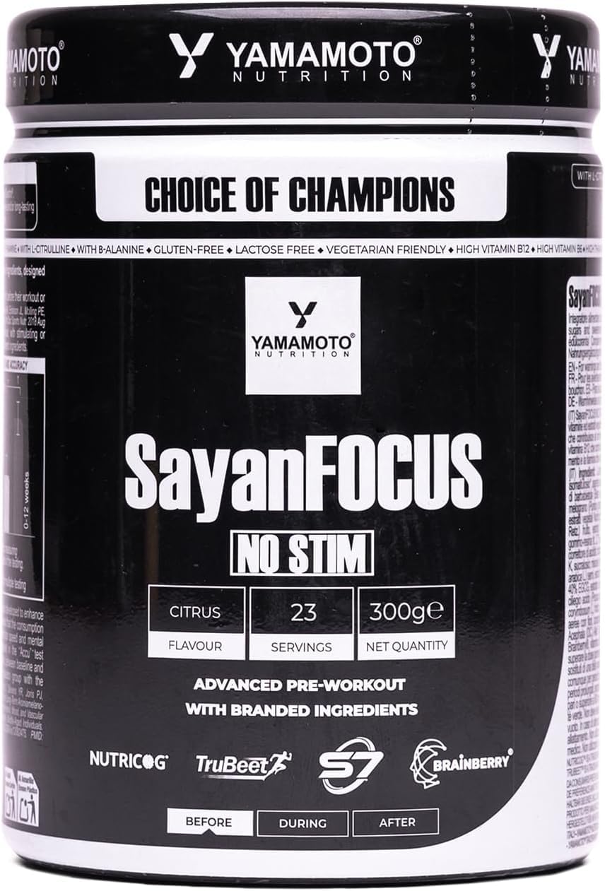 Yamamotò Sayan Focus No Stim 300 Gr- Pre-Workout Senza Stimolanti, Sostiene il Pump Muscolare, Supporta le Performance Cognitive - Senza Glutine, Senza Lattosio