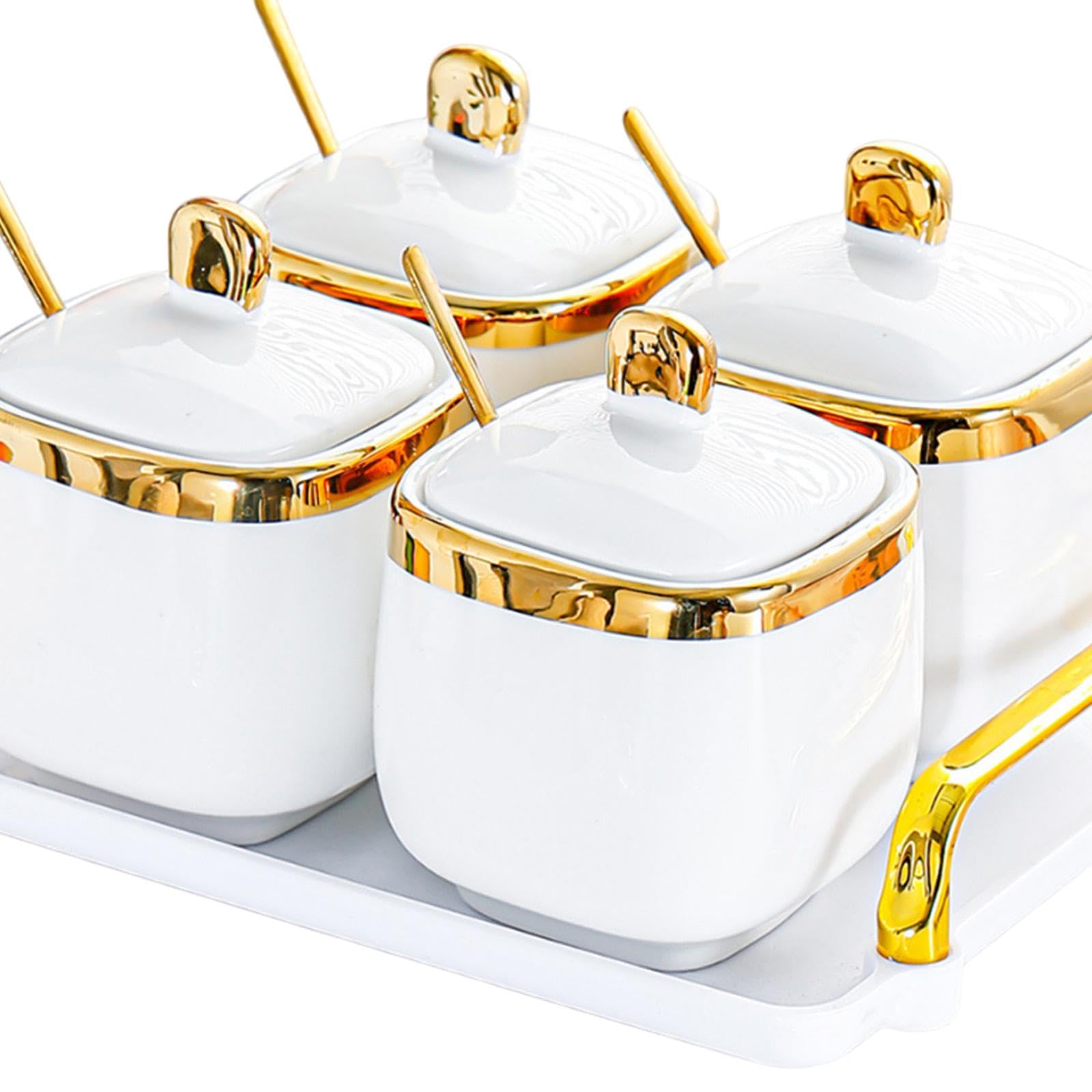 Récipient en Porcelaine pour Condiments, boîte à épices avec cuillère pour comptoir, 4 Pots d'or