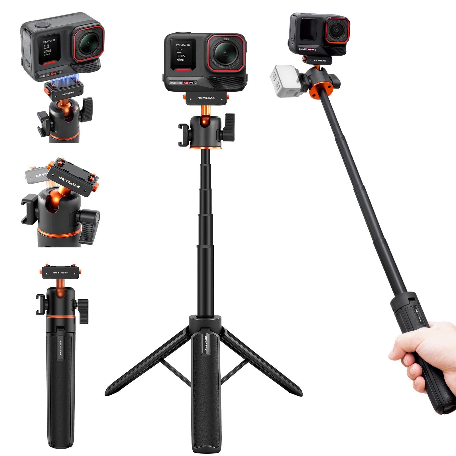 REYGEAK 55cm Treppiede Estensibile Selfie Stick per Insta360 X5/X4 Air/Ace Pro 2, con Scarpa Fredda e Adattatore a Sgancio Rapido per Montaggio Insta360