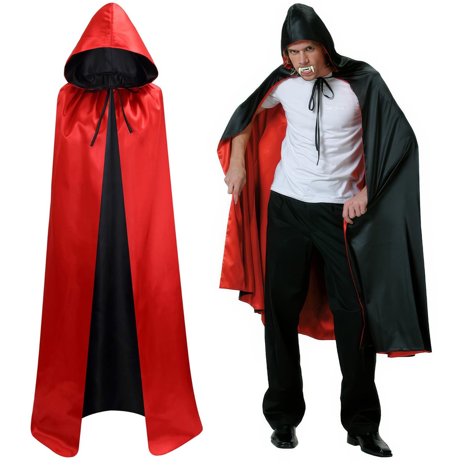 Capa Vampiro Adulto con Cuello Alto, 150 cm, Doble Cara Negra y Roja Brillante, Capucha, Disfraz Halloween Medieval para Hombre y Mujer, Fiesta de Carnaval