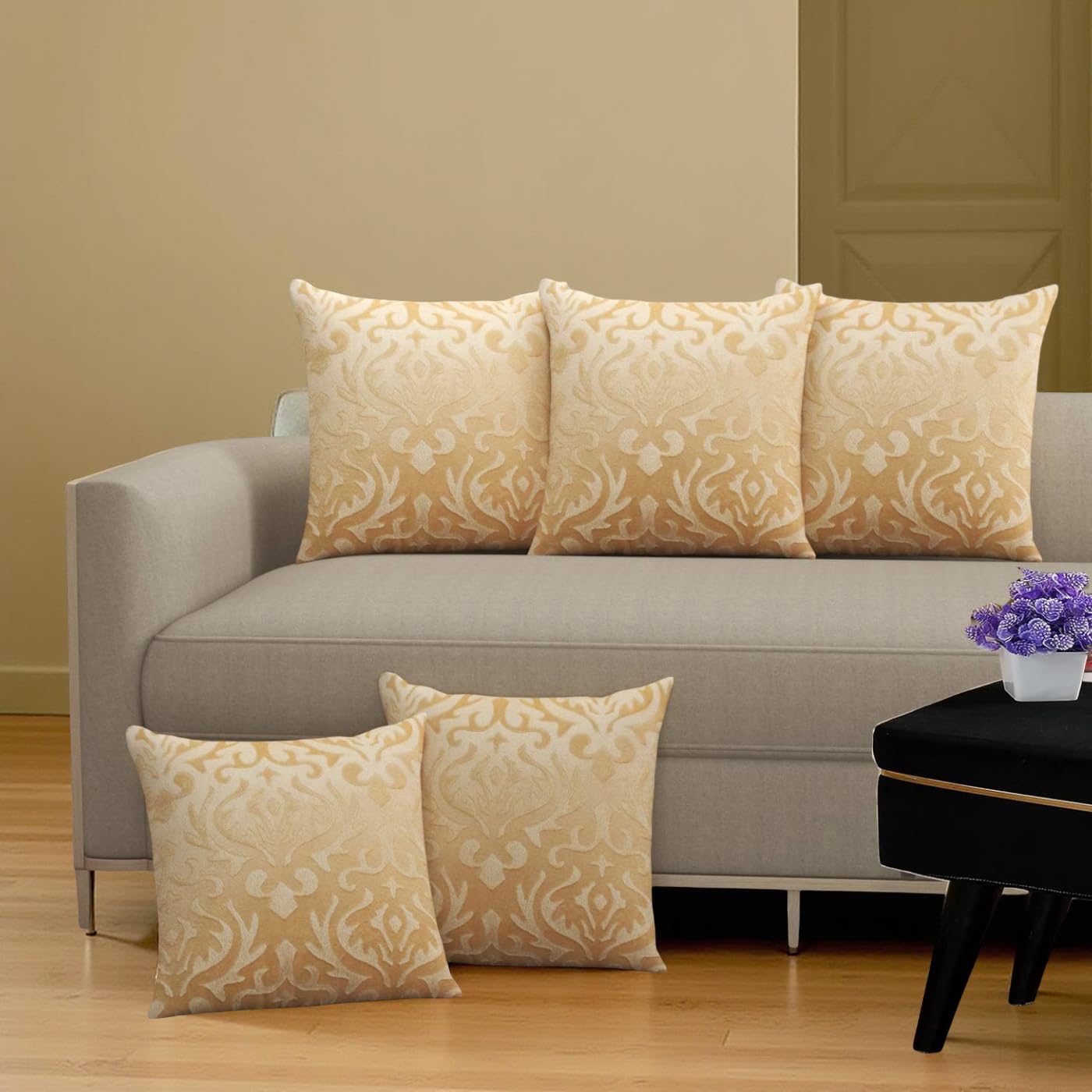 STARNSTYLE Velvet Decorative Cushion Cover 24x24 Inch - Set of 5, Soft Solid Damask Square Throw Pillow Covers for Sofa, Living Room or Home Decor - 60x60 cm Beige-image-28