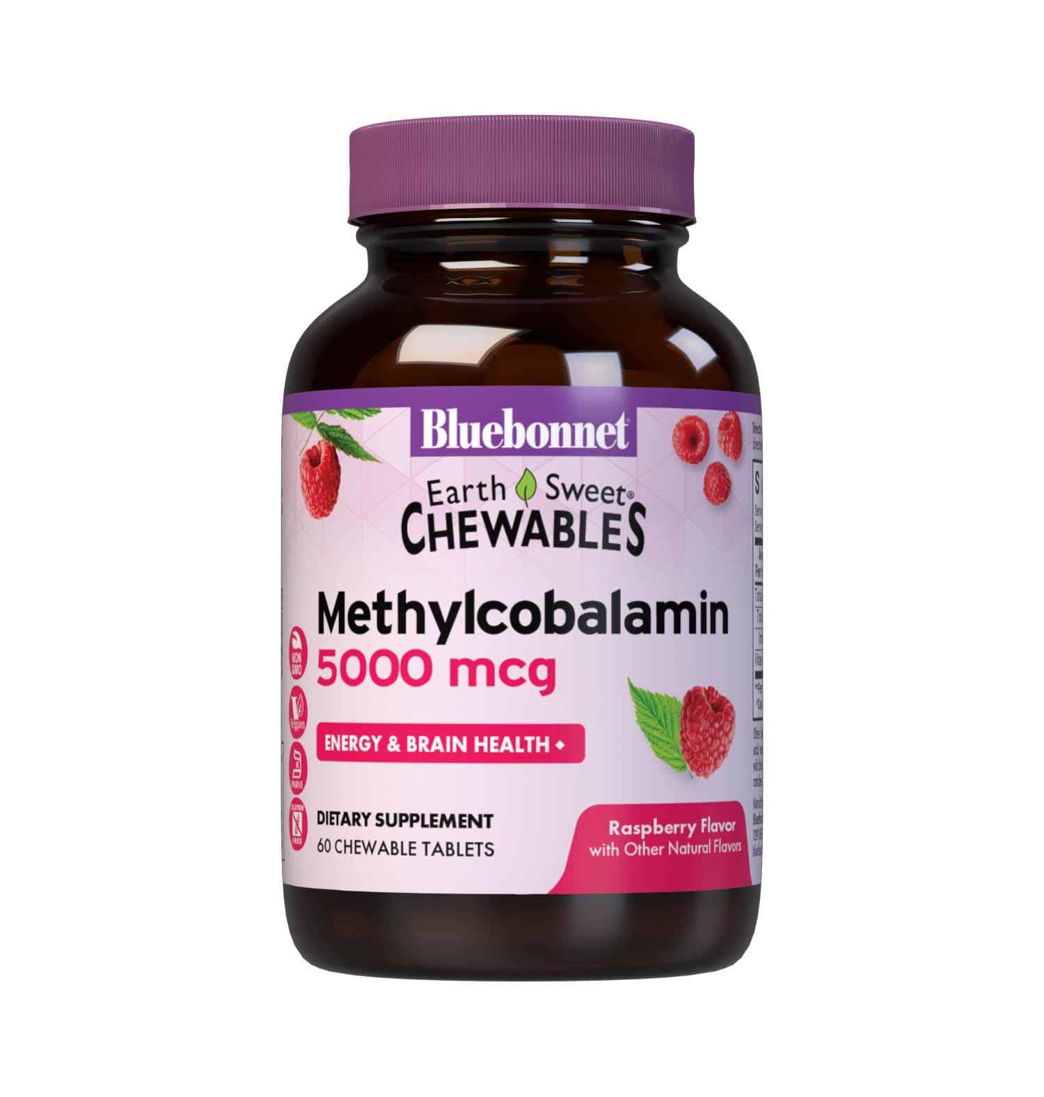 Bluebonnet Nutrition EarthSweet Methylcobalamin 5,000 mcg Active Coenzyme Form of Vitamin B12 Supports Energy Boost & Metabolism - Vegan, Gluten-Free - Raspberry Flavor - 60 Chewable Tablets