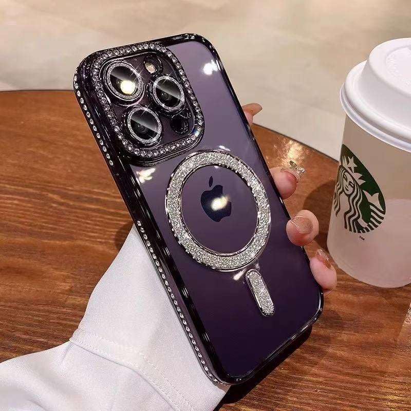 Image of Elzzi Compatible with (iPhone 14 Pro Max Case) Clear Luxury Diamond Glitter Case |Camera Lens Protector with Glitter Ring | Premium Shockproof Glossy Shiny Back Cover Case for Girls Women -DEEP-P