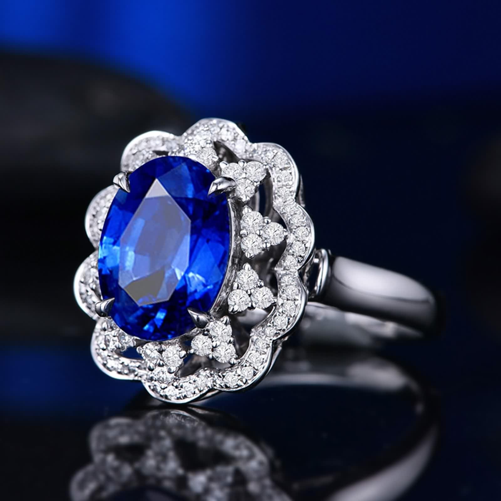 Anillo Oro Blanco, Alianzas Boda Vintage Flor de Lujo 18K Zafiro para Esposa Novia con Joyero