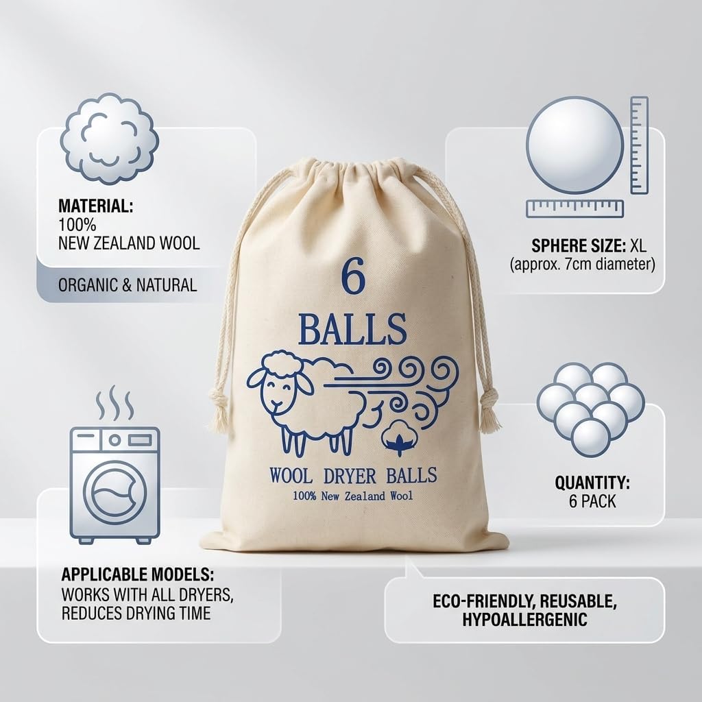 Homyng 6-Pack Large New Zealand Wool Dryer Balls - Natural Fabric Softener | Reusable Laundry Balls to Reduce Static Cling, Wrinkles & Shorten Drying Time