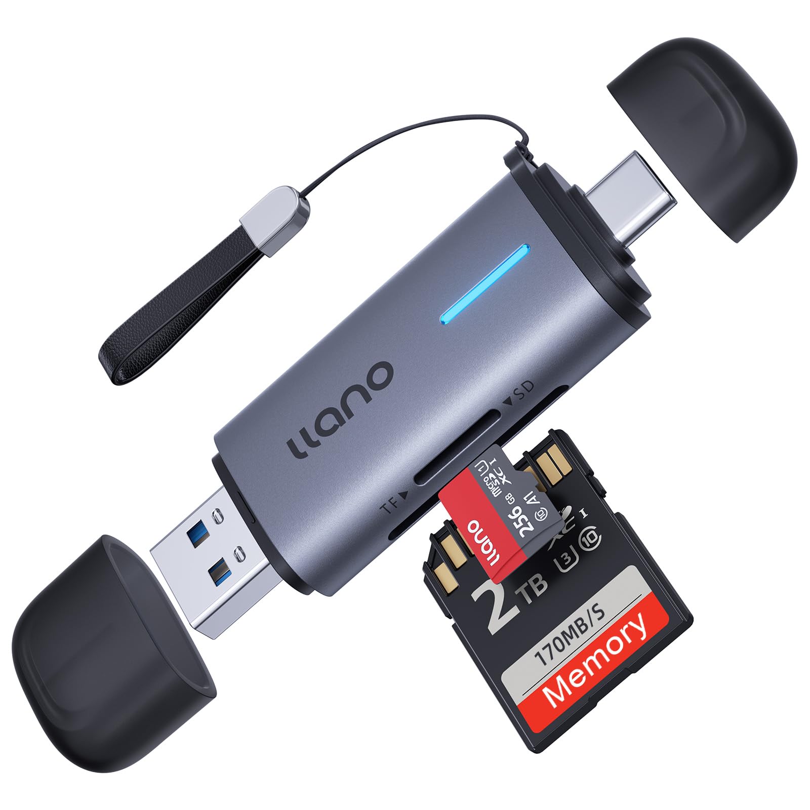 llano SD Kartenleser USB C, Dual Slots USB 3.0 Typ C Kartenleser Adapter 2 in 1 für SD&TF Karten, Micro SD, SDHC, kompatibel mit Laptop, PC, Phone, MacBook Pro/Air, iPad, Digitalkamera (Grau)